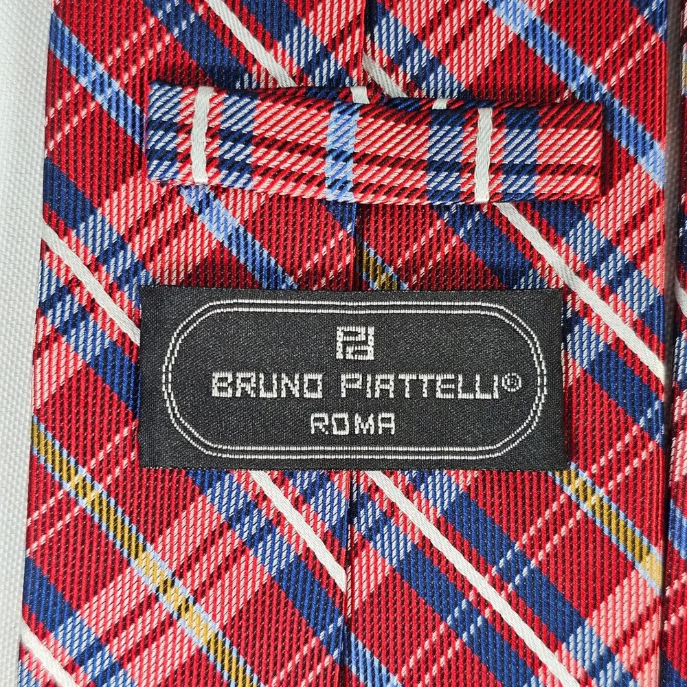 Bruno Piattelli Roma Silk Tie Red Blue White Plaid Hand Made Necktie 3.25 Inch‎